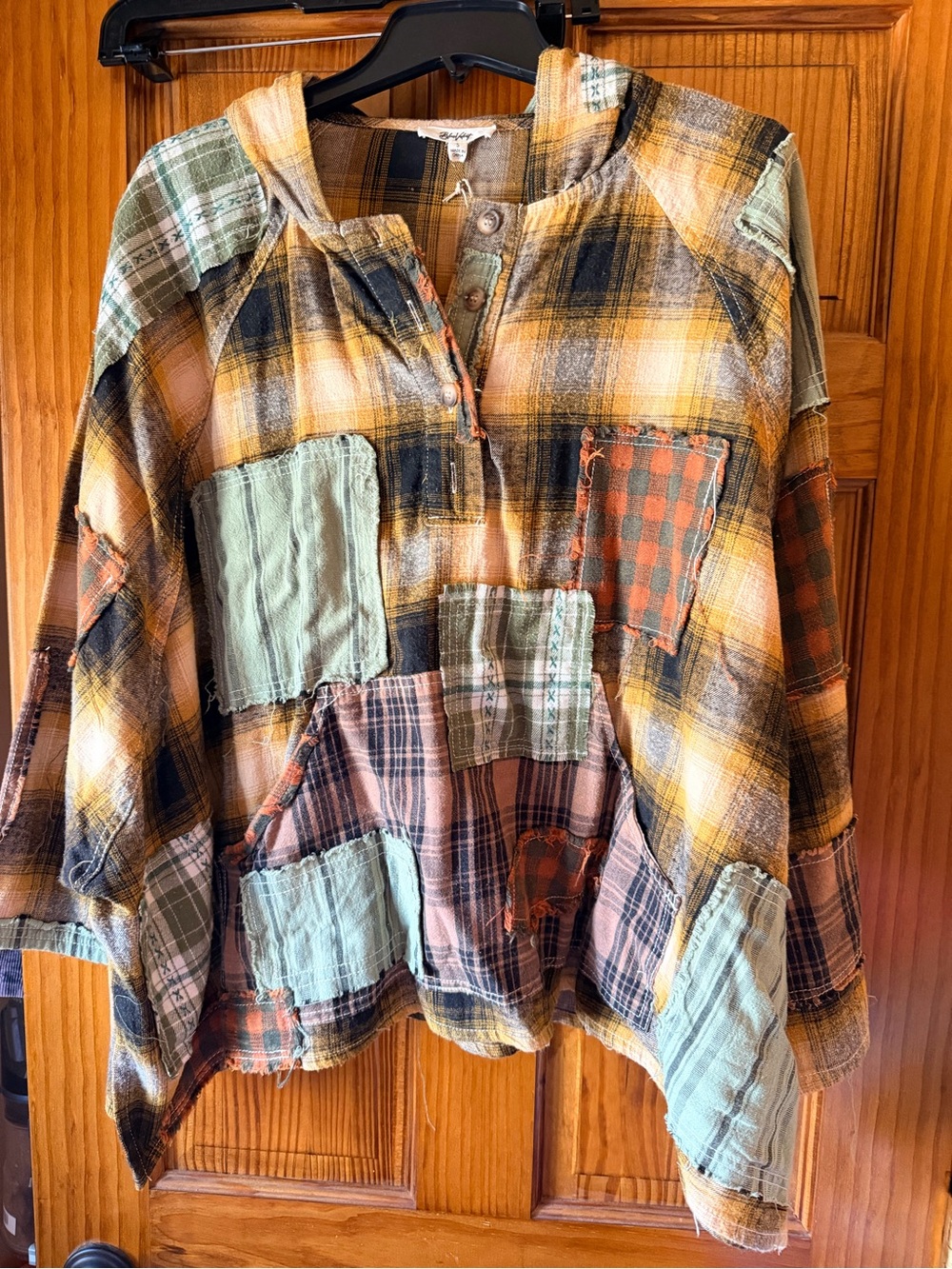 Boho Blue Velvet Patchwork flannel Plaid Hoodie Top - Multicolor